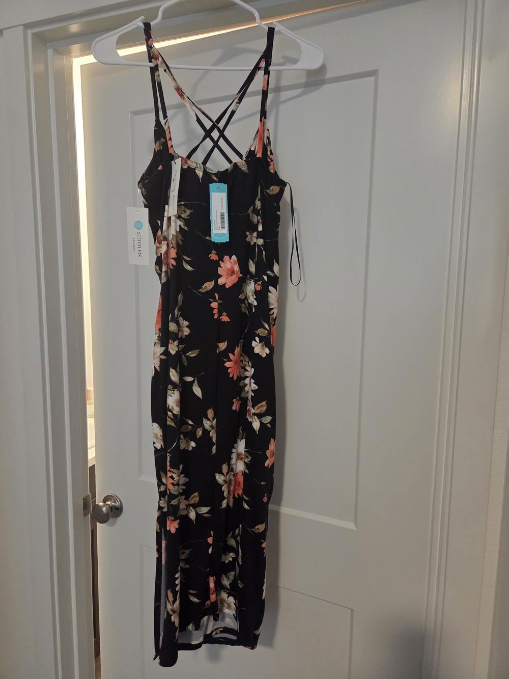 nine britton Black Floral Maxi Dress with Strappy Crisscross Back